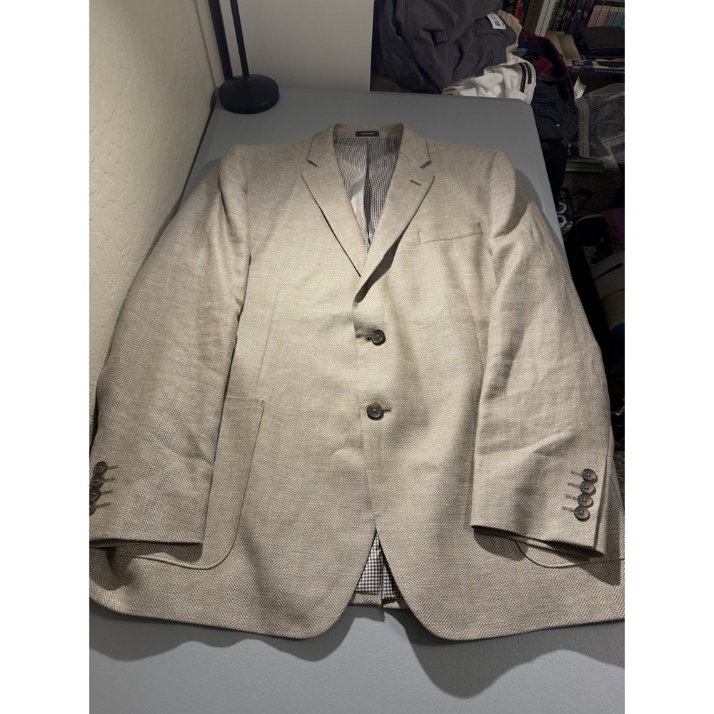 Stafford Sport Coat Blazer‎ 46R Slim Fit Beige Herringbone Linen Wool Blend